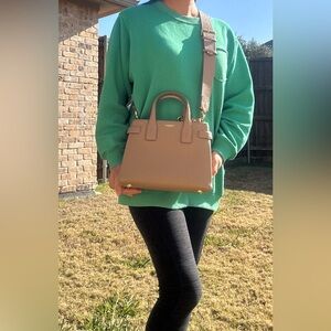 BURBERRY Beige Camel Pebbled Leather Small Banner Tote Bag